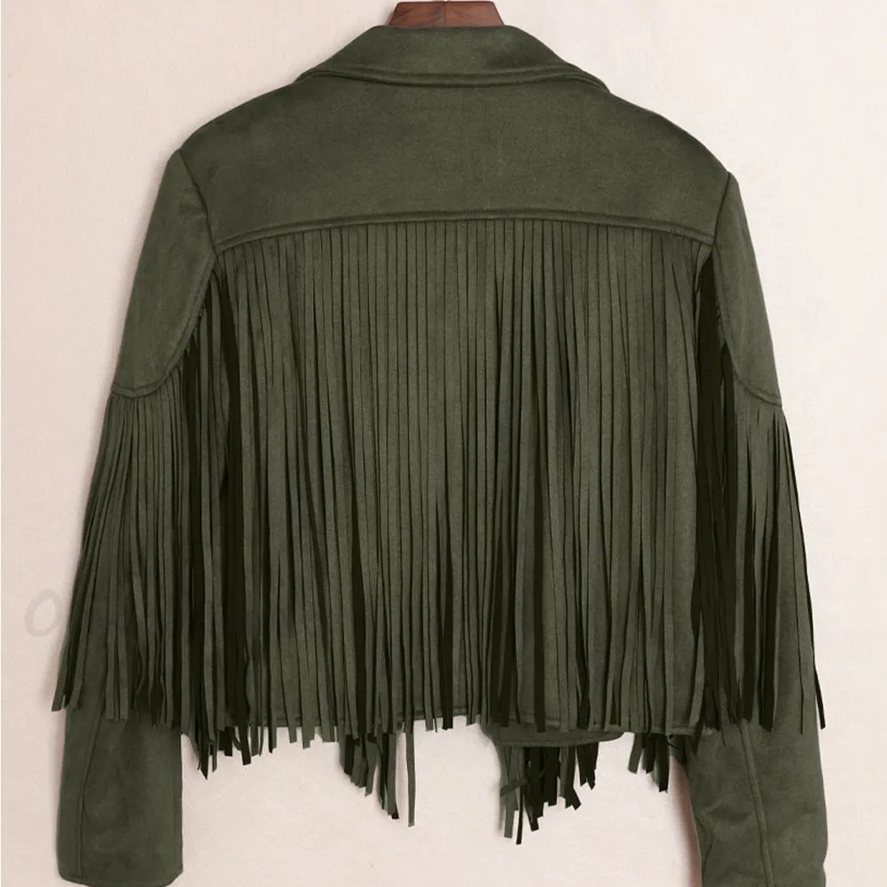 Olive Fringe Women's Jacket boho faux suede tassel blazer - Picture 7 of 10